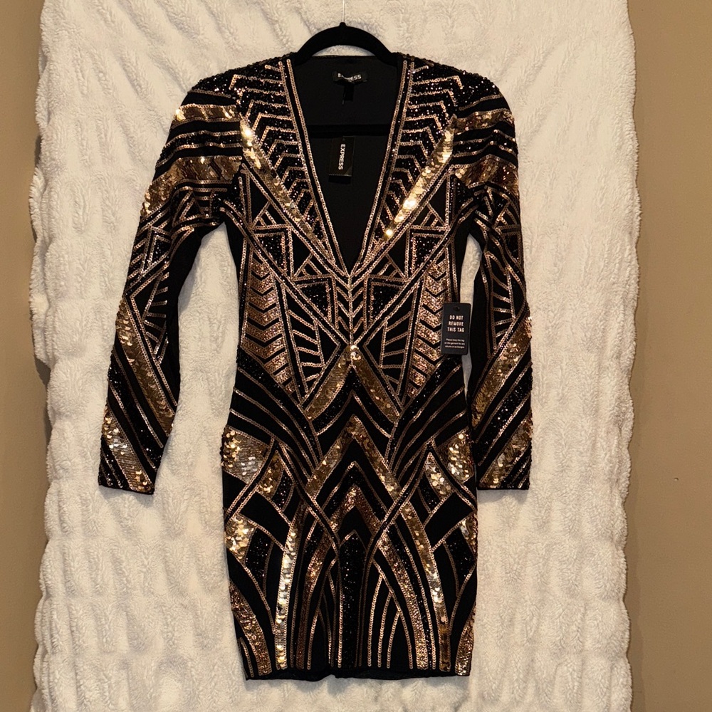 Express Black and Gold Sequin Long Sleeve Dress